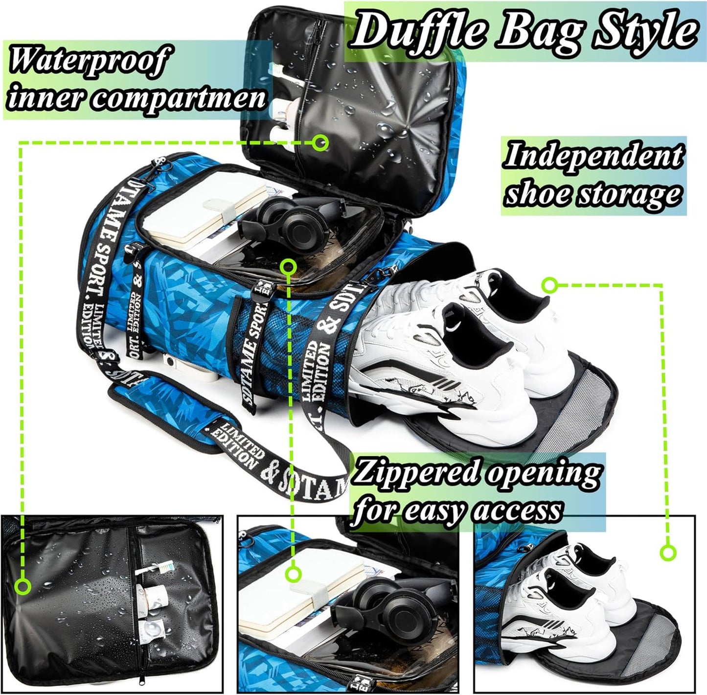 Gym Duffle Bag Backpack with Shoe Compartment,4 ways Travel Backpack for Women and Men,Multi-Functional Weekender bag with Waterproof Layer&Laptop Compartment for Fitness, Travel,Camping