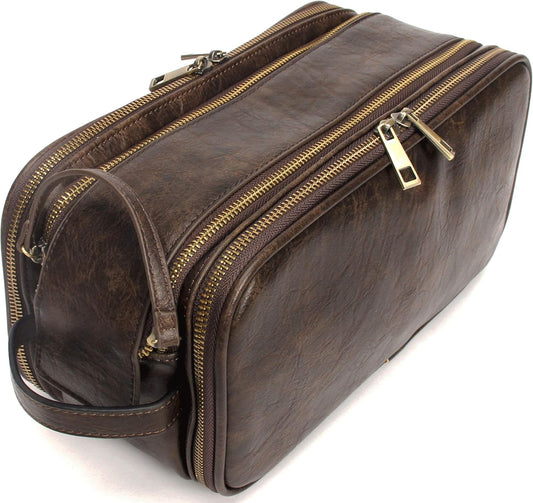 Leather Toiletry Bag for Men Personalized Dopp Kit for Travel Waterproof Shaving Bag Coffee