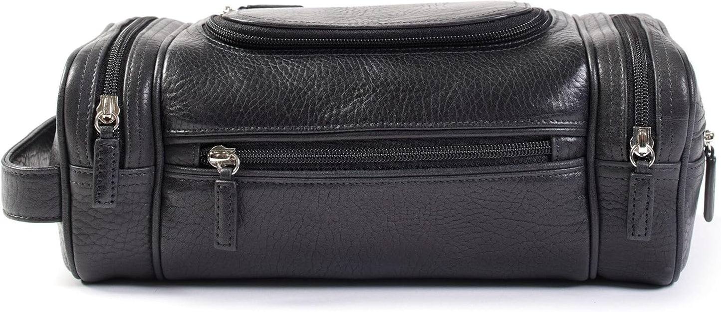 Leatherology Premium Ebony Multi Pocket Toiletry Bag - Main top zippered compartment with additional side and front zippered pockets