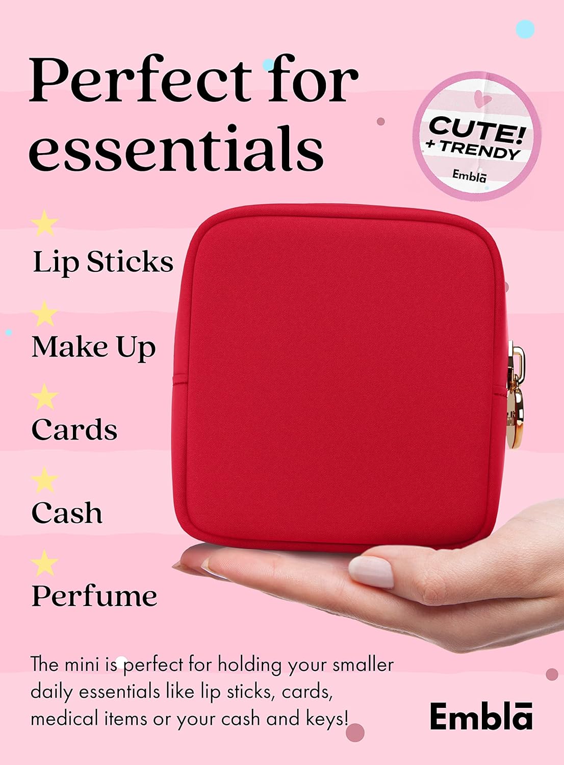 Embla Makeup Bag Travel Cosmetics Pouch and Toiletry Bag, Nylon Zipper Pouch Purse, Cute Make Up Organizer Storage Tote for Women Girls, Waterproof Travel Skincare Case, Small Makeup Bags, Ruby Red