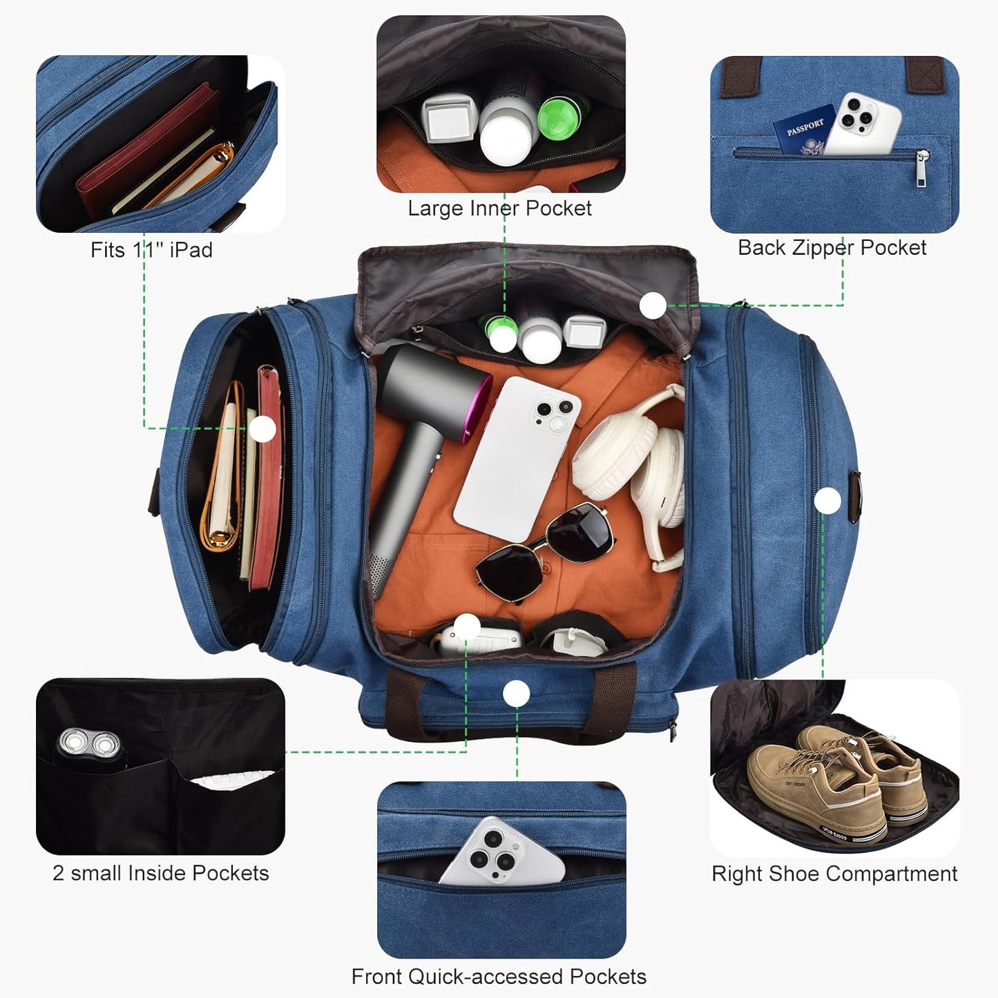 Felipe Varela 60L Duffle Bag for Men, Large Expandable Canvas Duffel Bag for Travel, Mens Carry On Luggage Bag Traveling Weekender Gym Overnight Bags for Airplanes, Blue