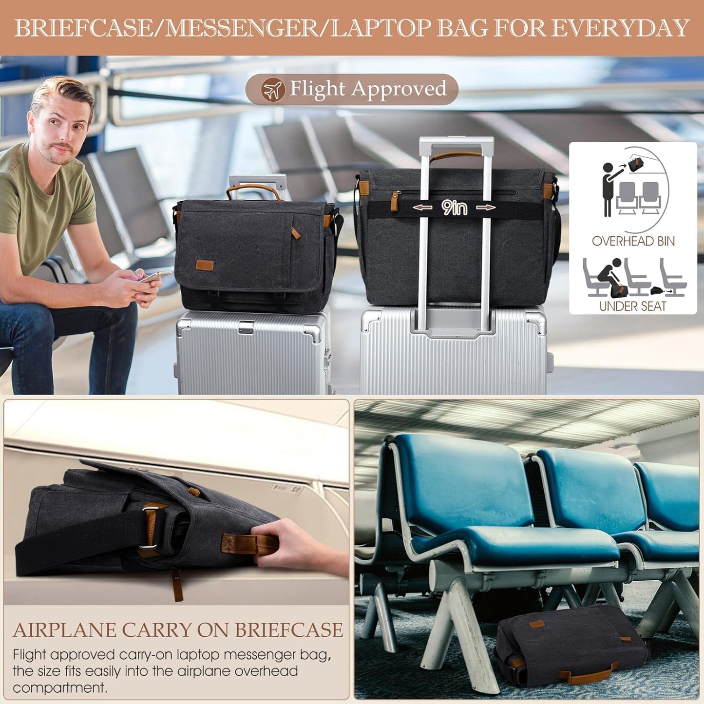 17.3 Inch Messenger Bag for Men: 2PCS Laptop Bag PU Leather Canvas Work Briefcase Large Office