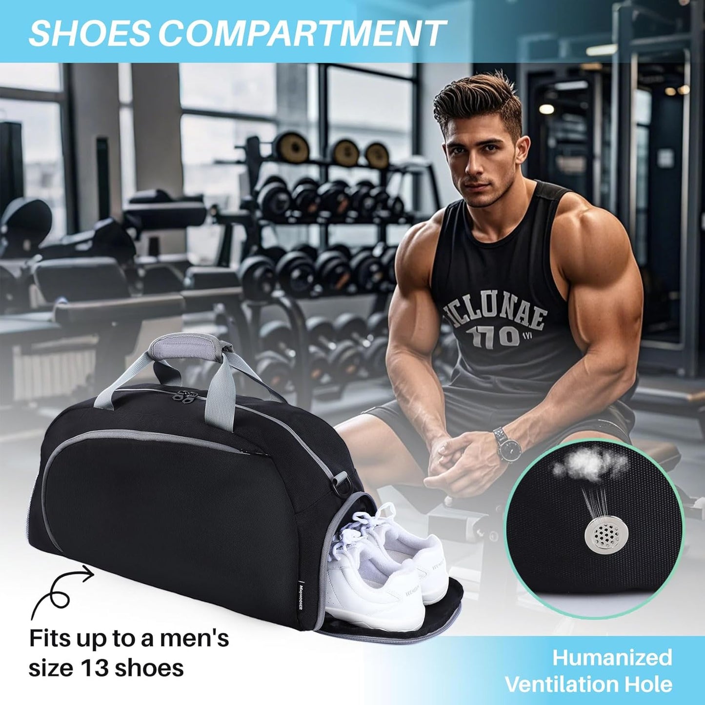 Pickleball Gym Bag for Women Men,Waterproof Small Sport Duffel Bag with Shoes Compartment and Wet Pocket for Travel Yoga Basketball Tennis,Black