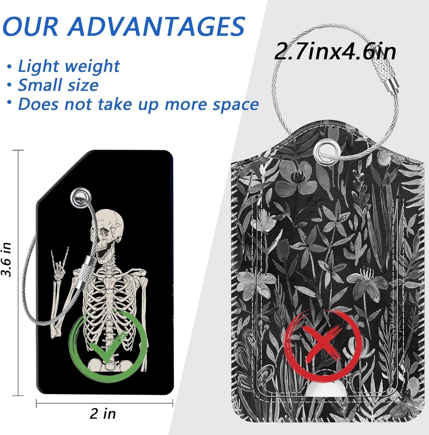 2 Luggage Tags, (1" Smaller Than Traditional) Perfect for Quick Luggage Identification with Stainless Steel Ring and Address Card for Travel and Luggage (Skull)