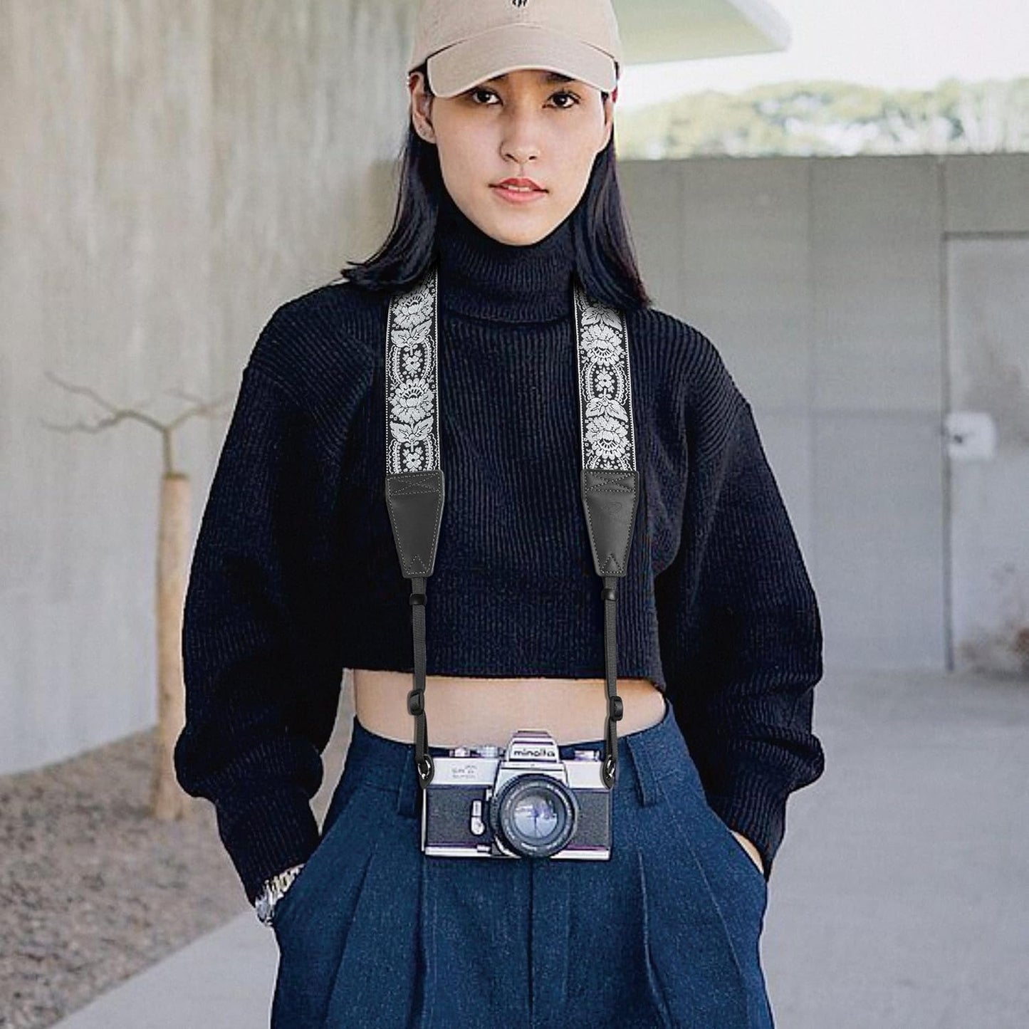 Padwa Lifestyle Camera Strap - 2" Full Grain Leather Ends Camera Straps for Photographers, Vintage Embroidered Cotton Weave Soft Suede Fabric Padded Strap Quick Release fits All Cameras