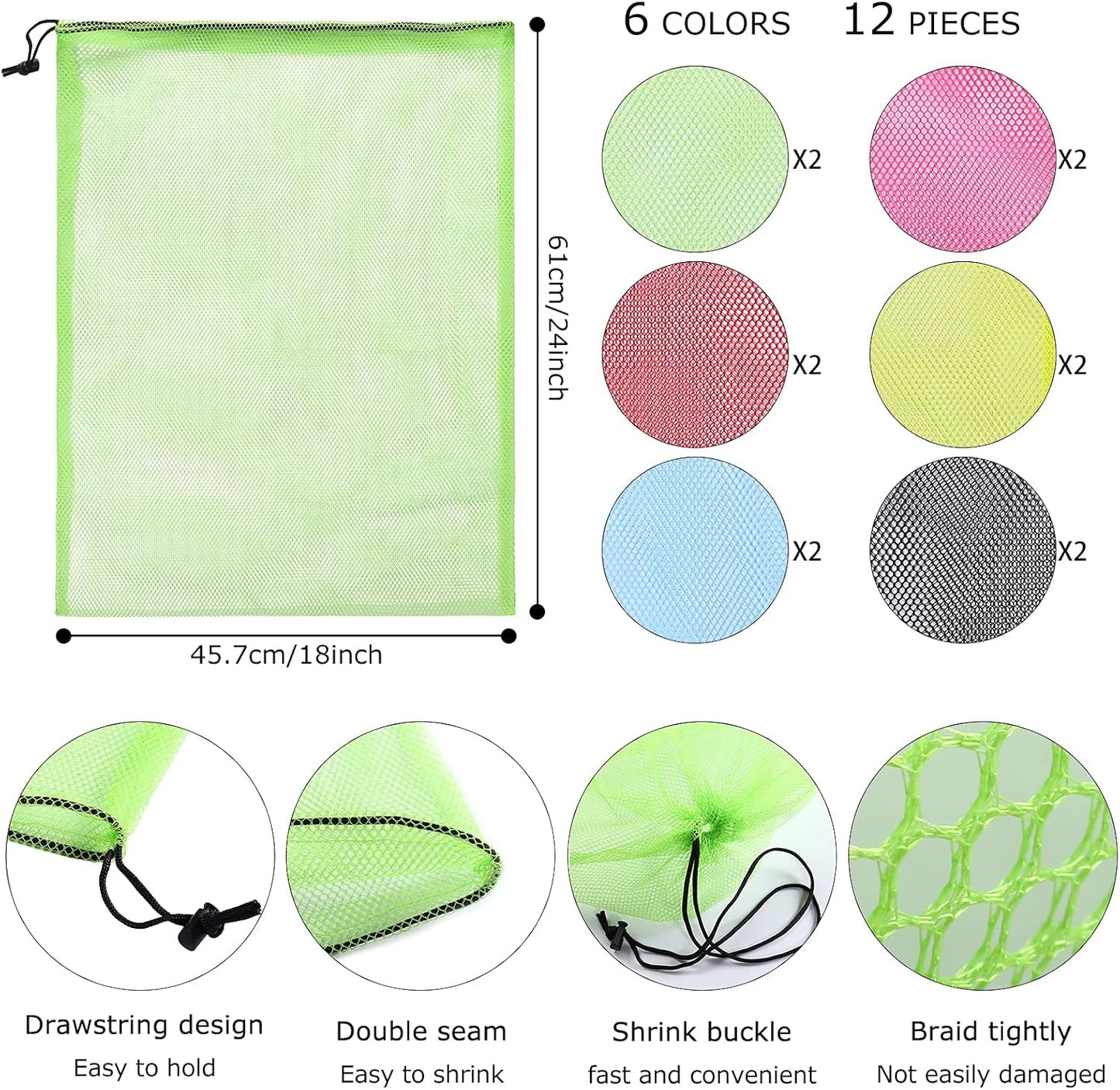 12Pcs Mesh Laundry Drawstring Bag,Nylon Drawstring Gym Bag with Cord Lock Closure 18"X24"