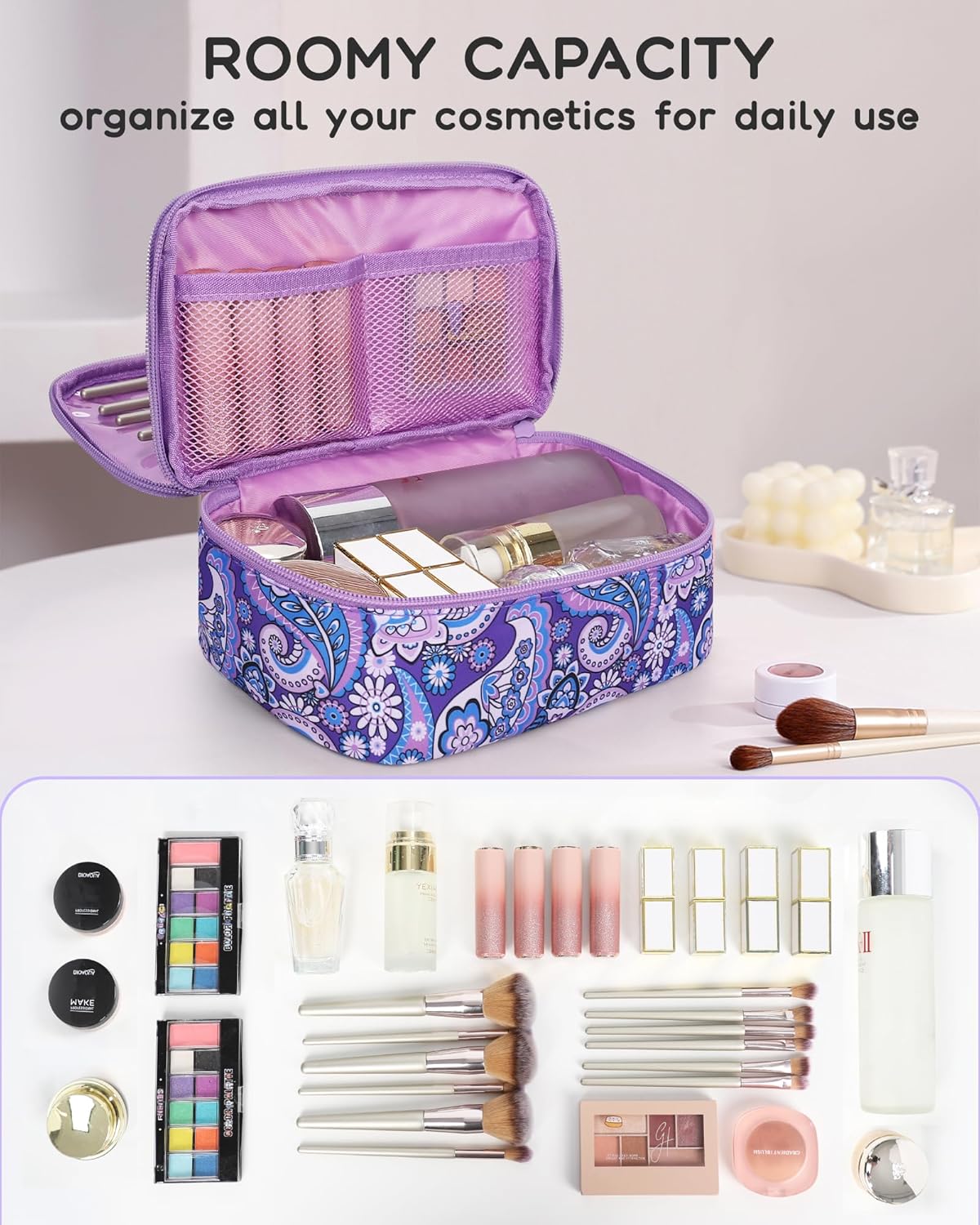 Relavel Travel Makeup Bag, Small Floral Cosmetic Bag with Makeup Brush Compartment, Portable Makeup Pouch for Women, Double Layer Cute Toiletry Organizer Bag, Purple Flower
