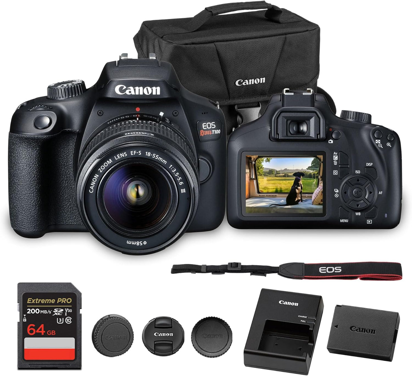 Canon EOS Rebel T100 DSLR Camera with 18-55mm Lens | 18MP APS-C Sensor, Built-in Wi-Fi & Full HD Video | Perfect for Beginners, Travel & Everyday Shooting (2628C029) + Bag + 64GB Memory Card