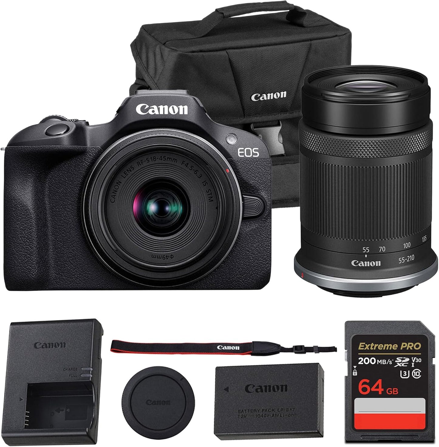 Canon EOS R100 Mirrorless Camera Kit – APS-C RF Camera with 18-45mm & 55-210mm Lenses, 24MP Sensor, 4K Video & Dual Pixel AF (6052C022) + Canon Shoulder Bag + 64GB Memory Card