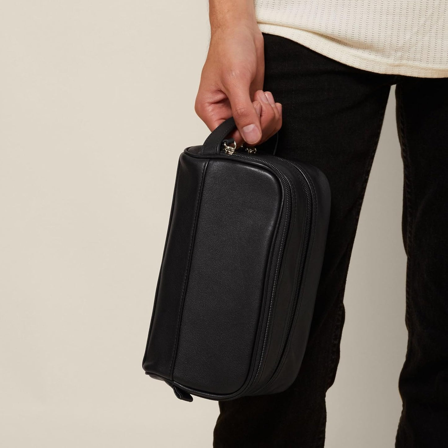 Leatherology Black Onyx Leather Toiletry Bag – Small Double Zip Dopp Kit – Full Grain Leather Travel Organizer with Water-Resistant Lining – Compact Grooming Bag for Men or Women