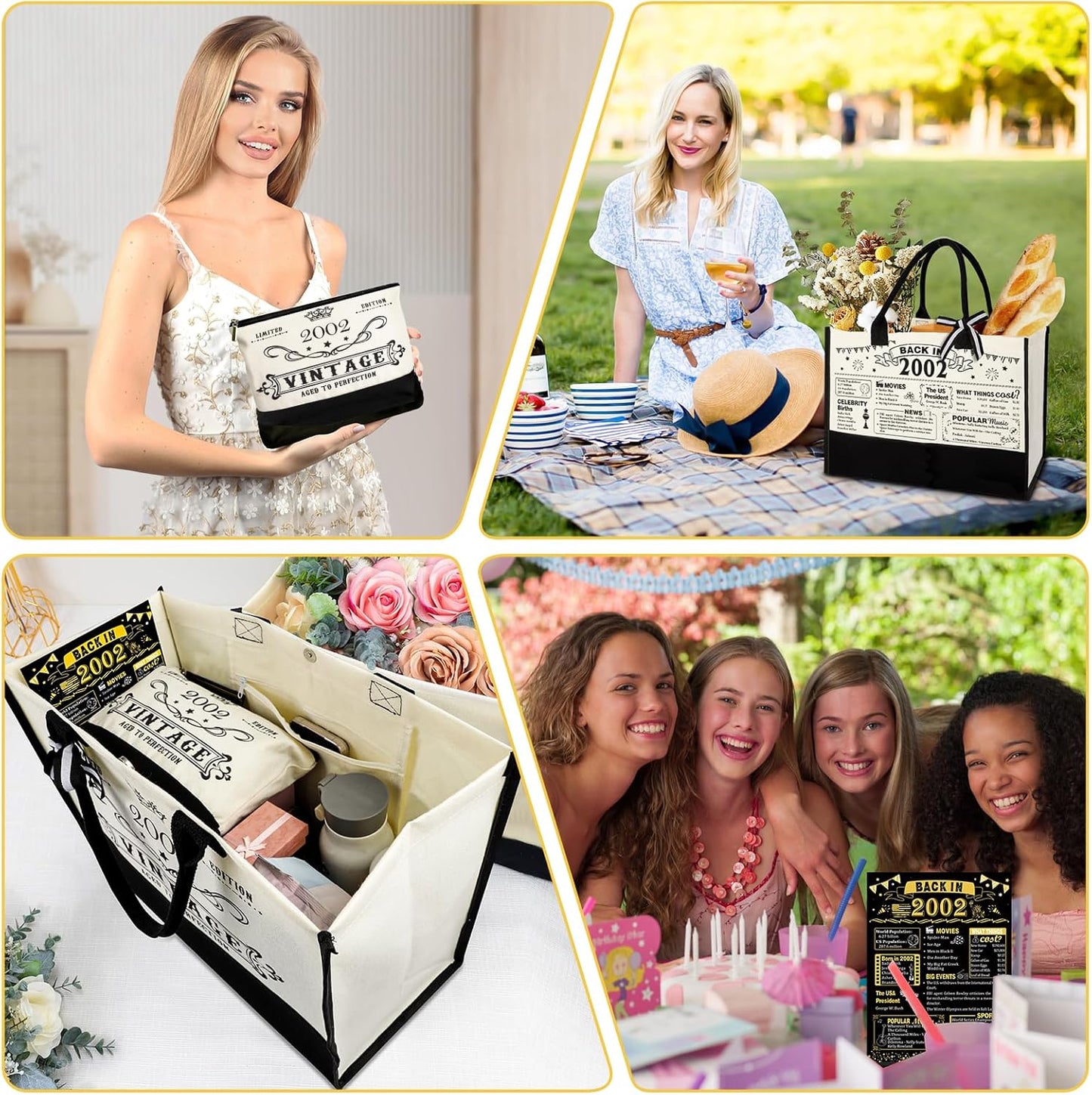 YeohJoy 23rd Birthday Gifts for Her Canvas Tote Bag Travel Gear, Unique 23 Years Old Birthday Gifts for Girlfriend Sister Friends Women,Vintage 2002 Handbag & Cosmetic Bag & Back in 2002 Poster