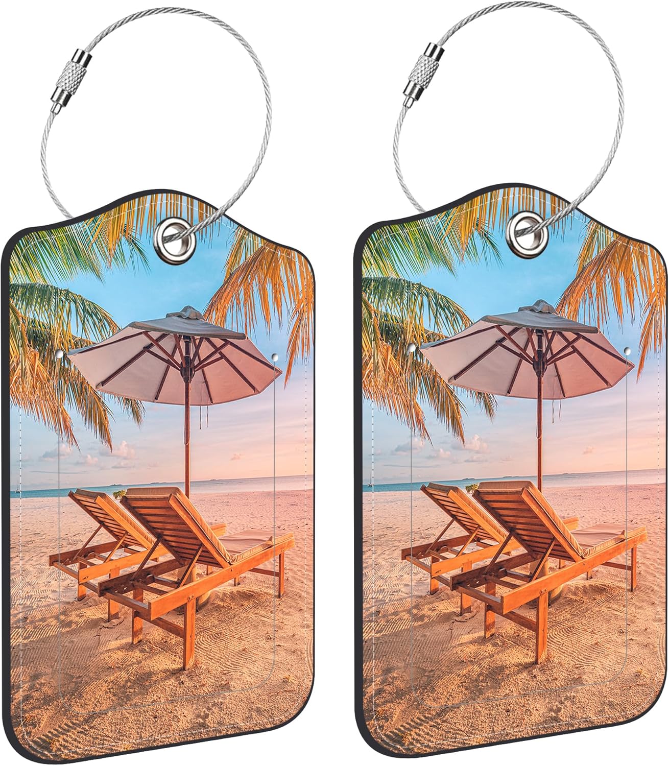 Luggage Tags for Suitcase Chairs Umbrella in Palm Beach 2 PCS Leather Travel Luggage Tag with Stainless Steel Loop Name ID Label Privacy Cover for Women Men Travel