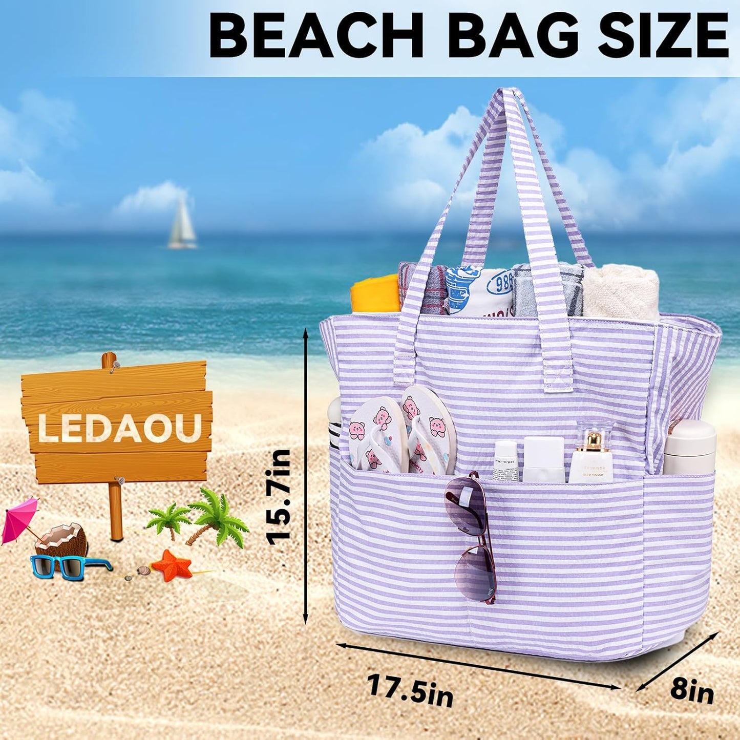 LEDAOU Beach Bag Waterproof Sandproof Women Tote Bag Pool Bag with Zipper for Gym Grocery Travel with Wet Pocket