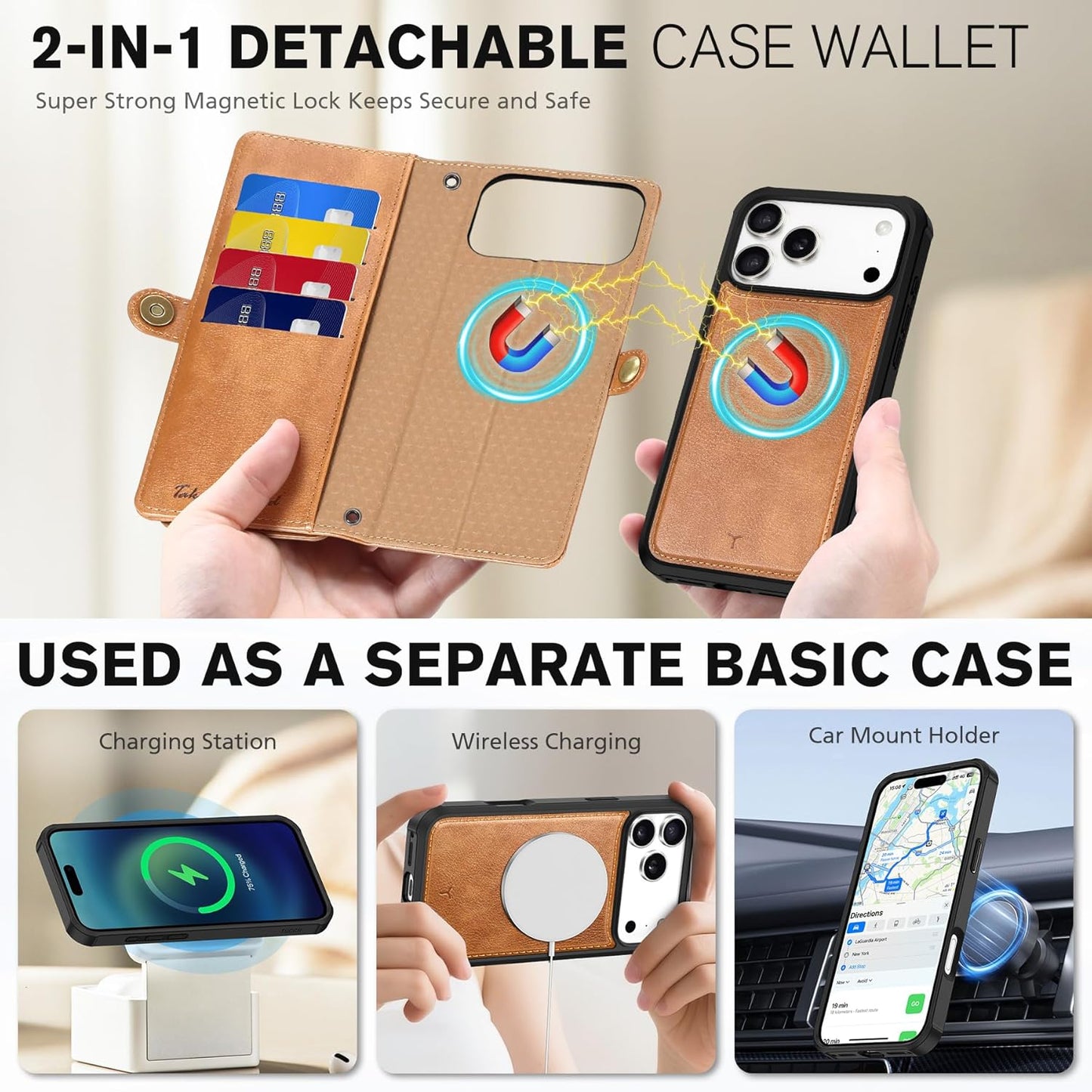 TUCCH Removable Crossbody Case Wallet for iPhone 17 Pro Max 6.9" 2025, Wireless Charging, RFID Blocking 10 Card Slots, Lanyard Wrist Strap, Zipper Pocket, PU Leather, Stand Magnetic Cover, Light Brown