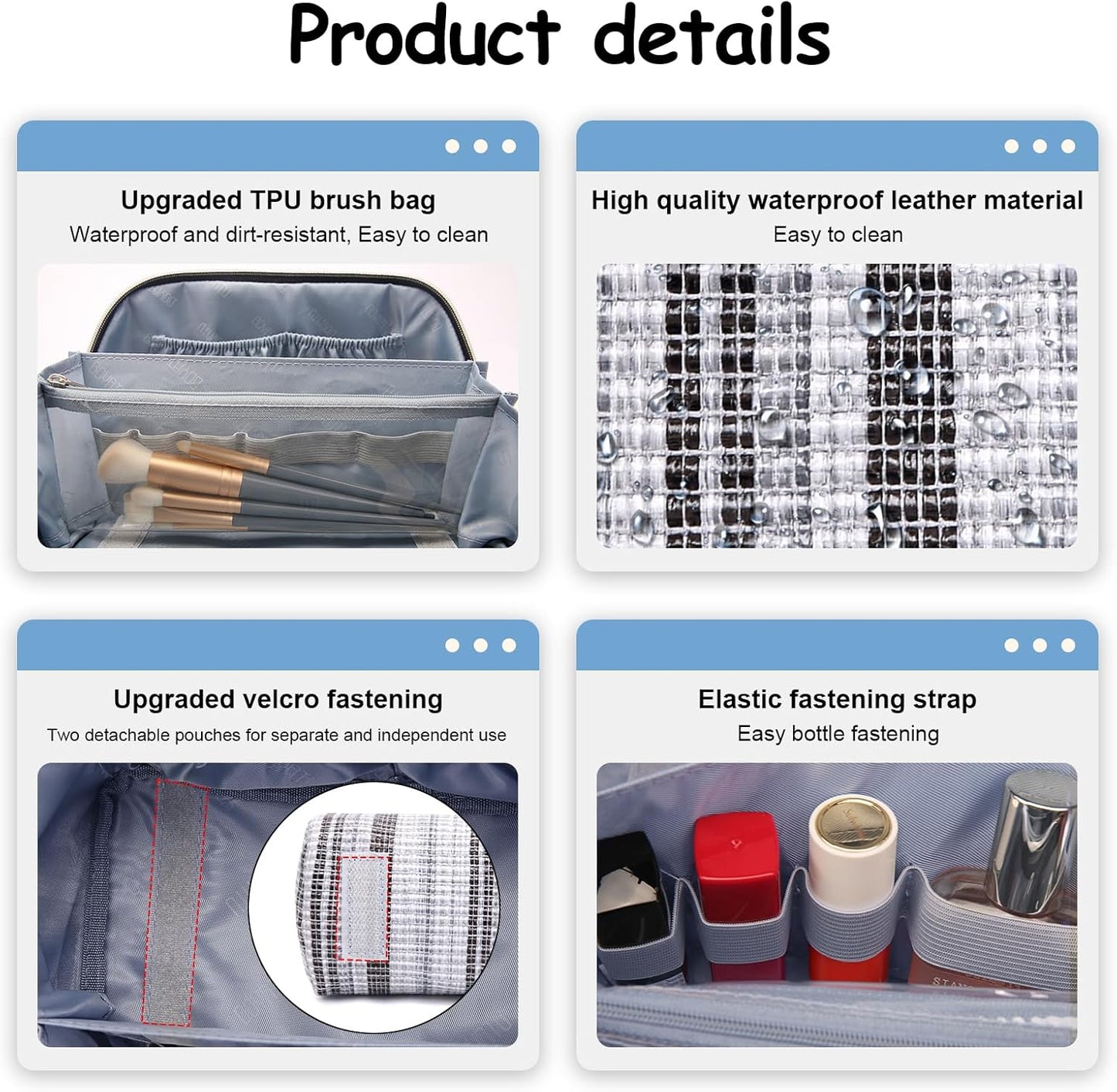 BOYATU Travel Makeup Bag for Women: Large Capacity Open Flat Make up Bag Set of 3 - Vegan Leather Cosmetic Bag with Compartments - Waterproof Toiletry Bag with Handle & Divider(I-2-Black)