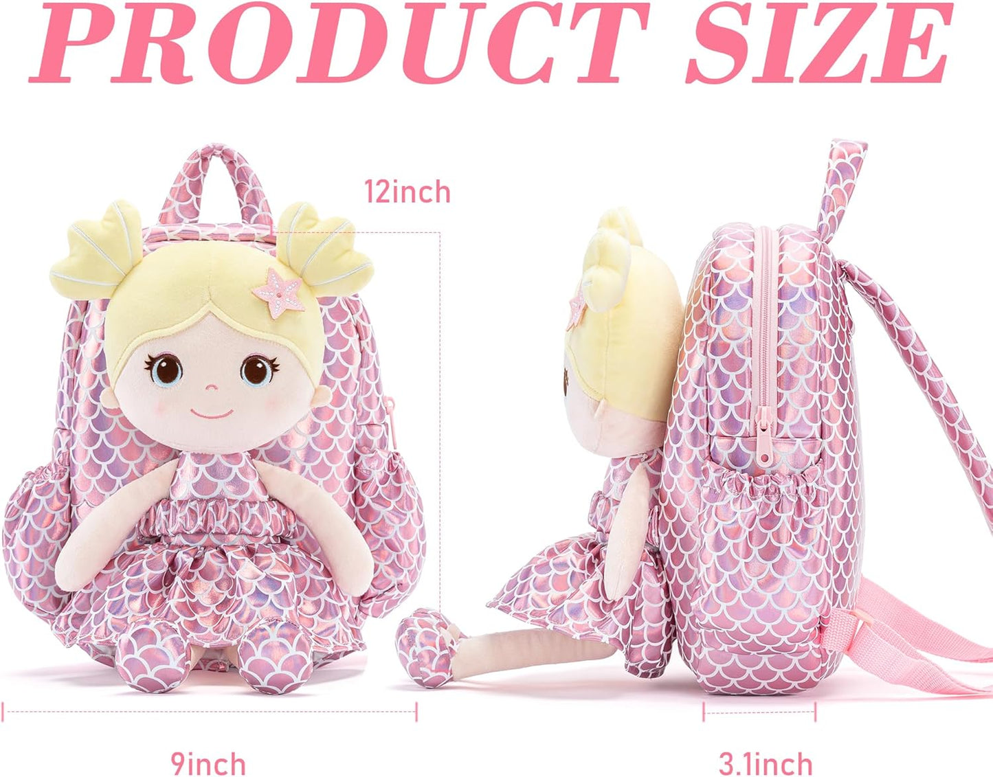 Lazada Toddler Backpack - Baby Girl Gifts Plush Doll Dress Backpack - Fashion Girls Tina Fish Scale Series - Pink11 Inches