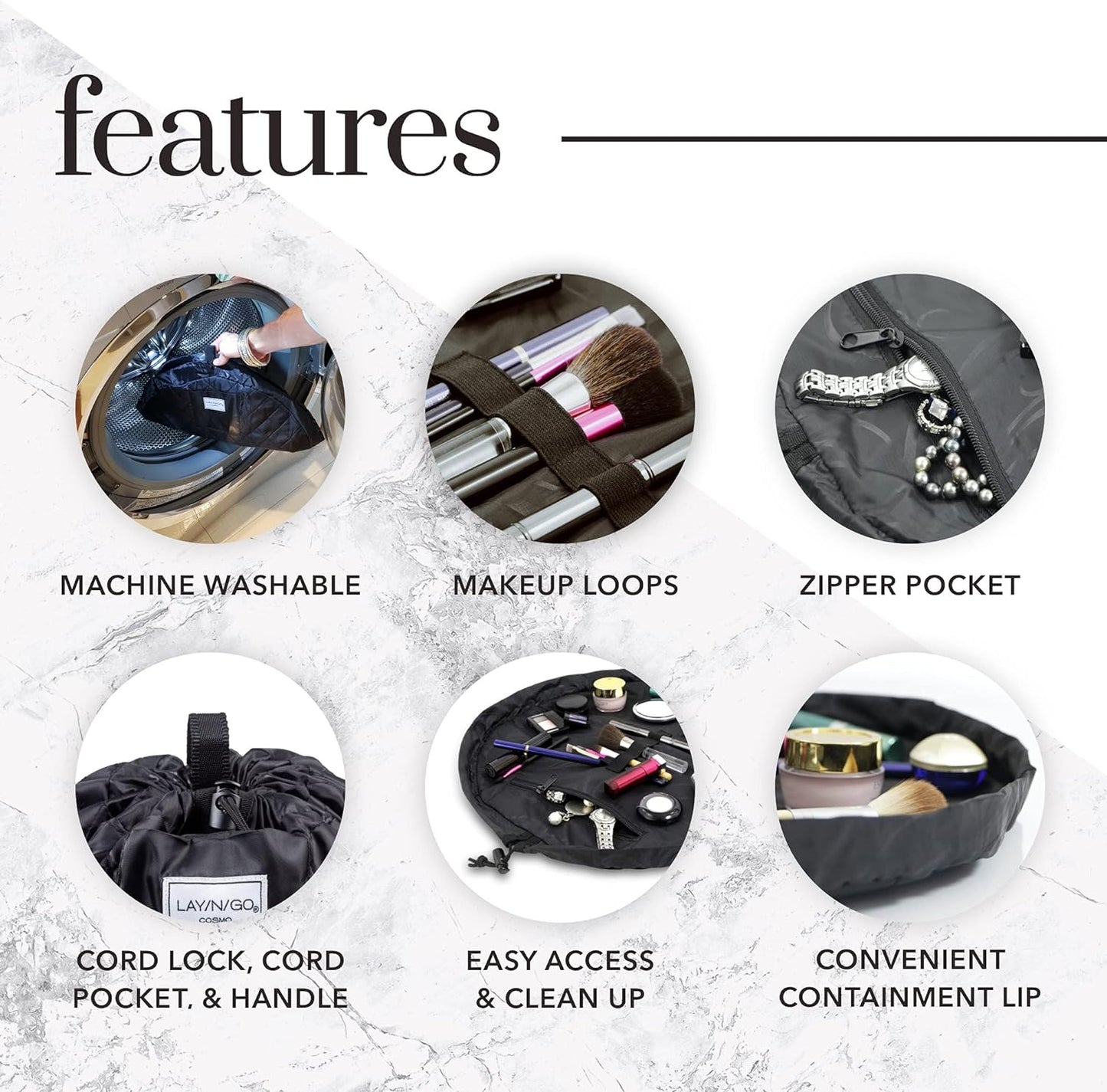 Lay-n-Go Cosmo Layflat Drawstring Cosmetic & Makeup Bag Organizer w/Zipper Pocket, Brush Loops & More, Cinch to Close, Lay Flat to Use, Durable, Machine Wash, Travel Toiletry Bag (20", Pink)