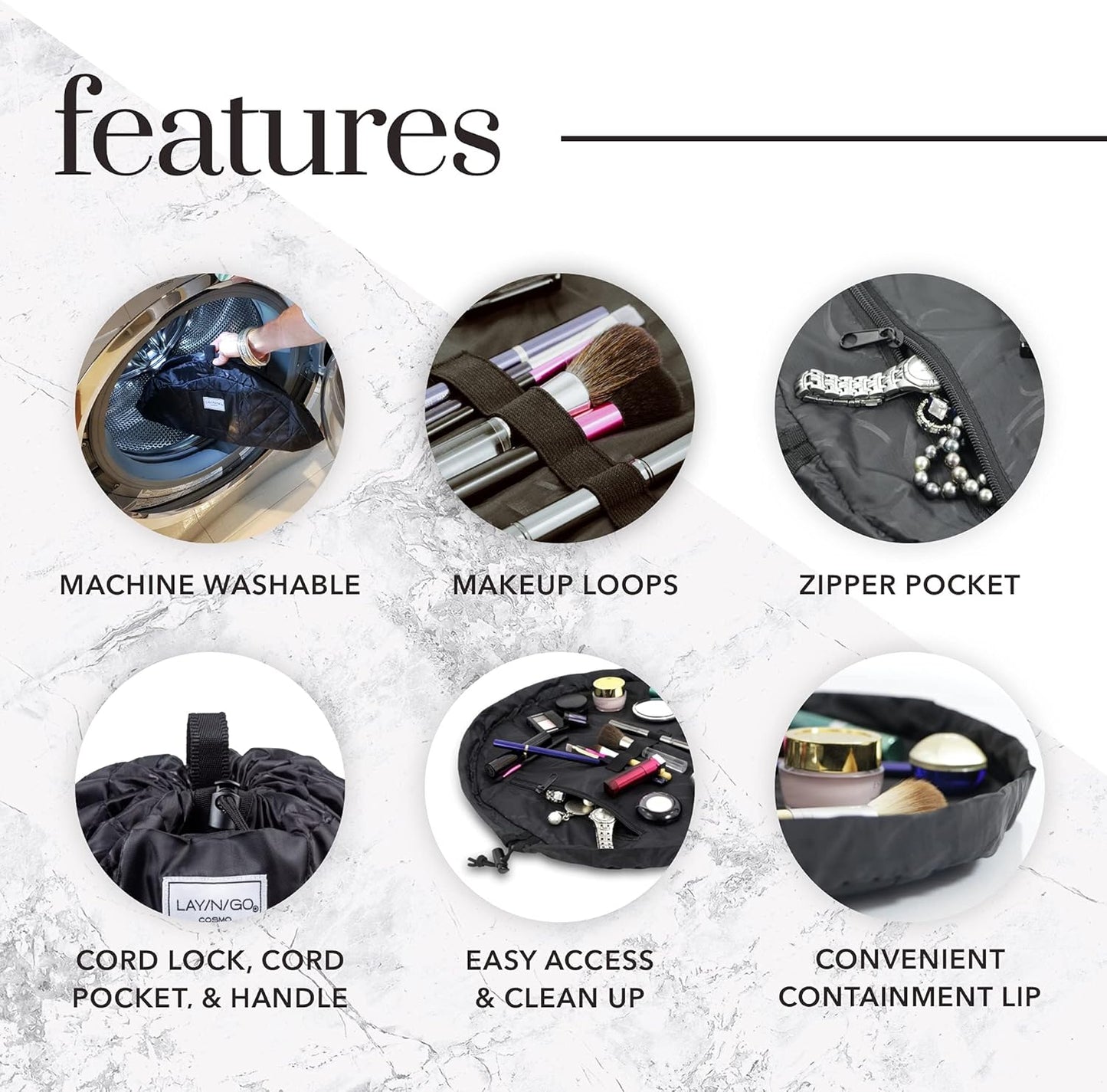 Lay-n-Go Cosmo Layflat Drawstring Cosmetic & Makeup Bag Organizer w/Zipper Pocket, Brush Loops & More, Cinch to Close, Lay Flat to Use, Durable, Machine Wash, Travel Toiletry Bag (20", Lips/Black)