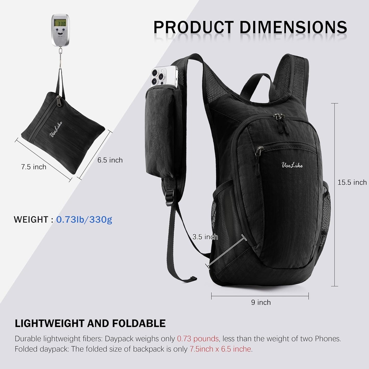 10L Small Hiking Backpack Travel Daypack Lightweight Packable Back Pack for Women Men(Black)