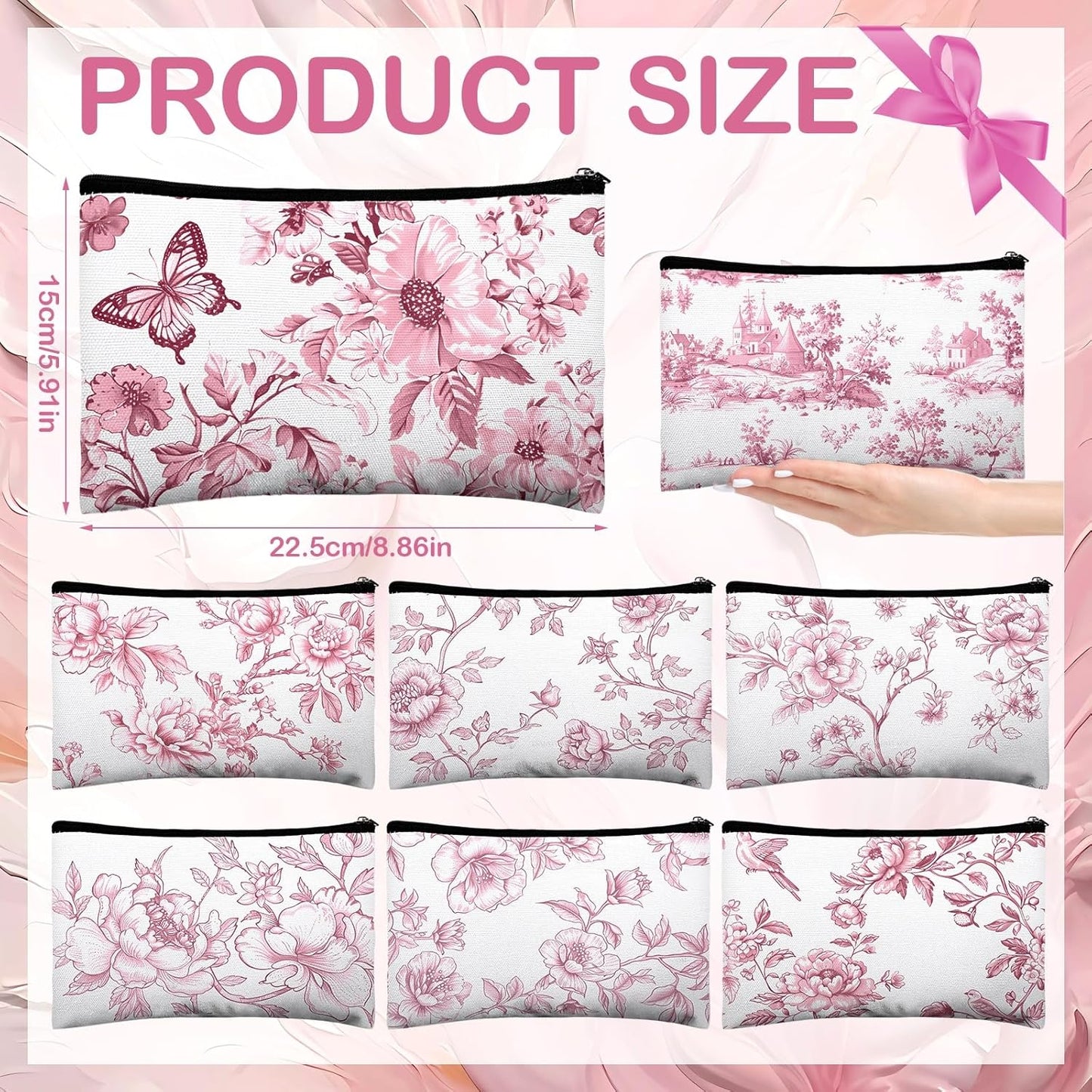 24 Pcs Floral Cosmetic Bags Bulk for Women Pink and White Floral Makeup Bags Chinoiserie Canvas Travel Zipper Pouches Aesthetic Toiletry Bag for Girls Bridesmaids Wedding Supplies