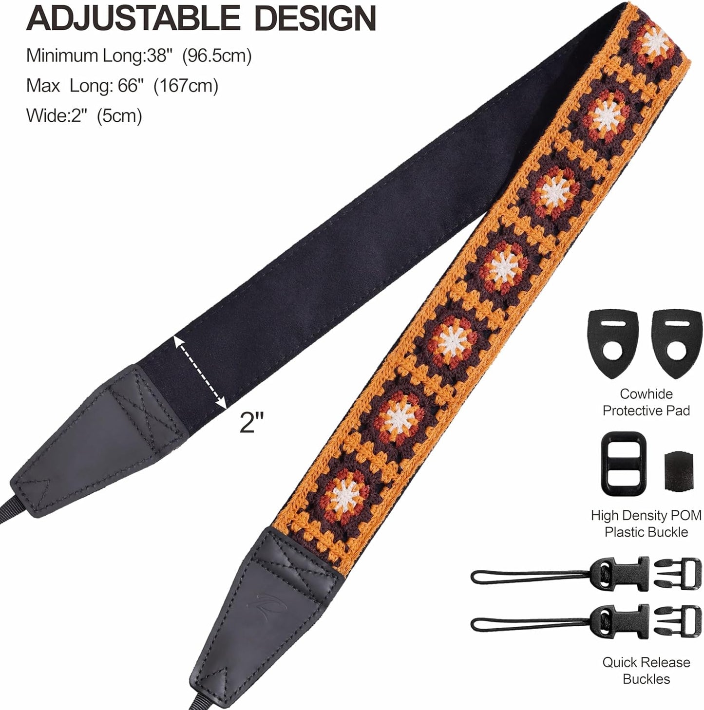 Padwa Lifestyle Yellow Crochet Camera Strap - 2" Full Grain Leather Ends Camera Straps for Photographers, Vintage Embroidered Cotton Soft Suede Fabric Padded Strap with Quick Release fits All Cameras