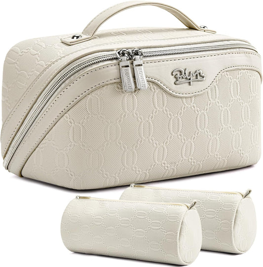 BOYATU Travel Makeup Bag for Women: Cosmetic Organizer Bag with Compartments - Leather Make up Bags Set of 3 (G-2-White)