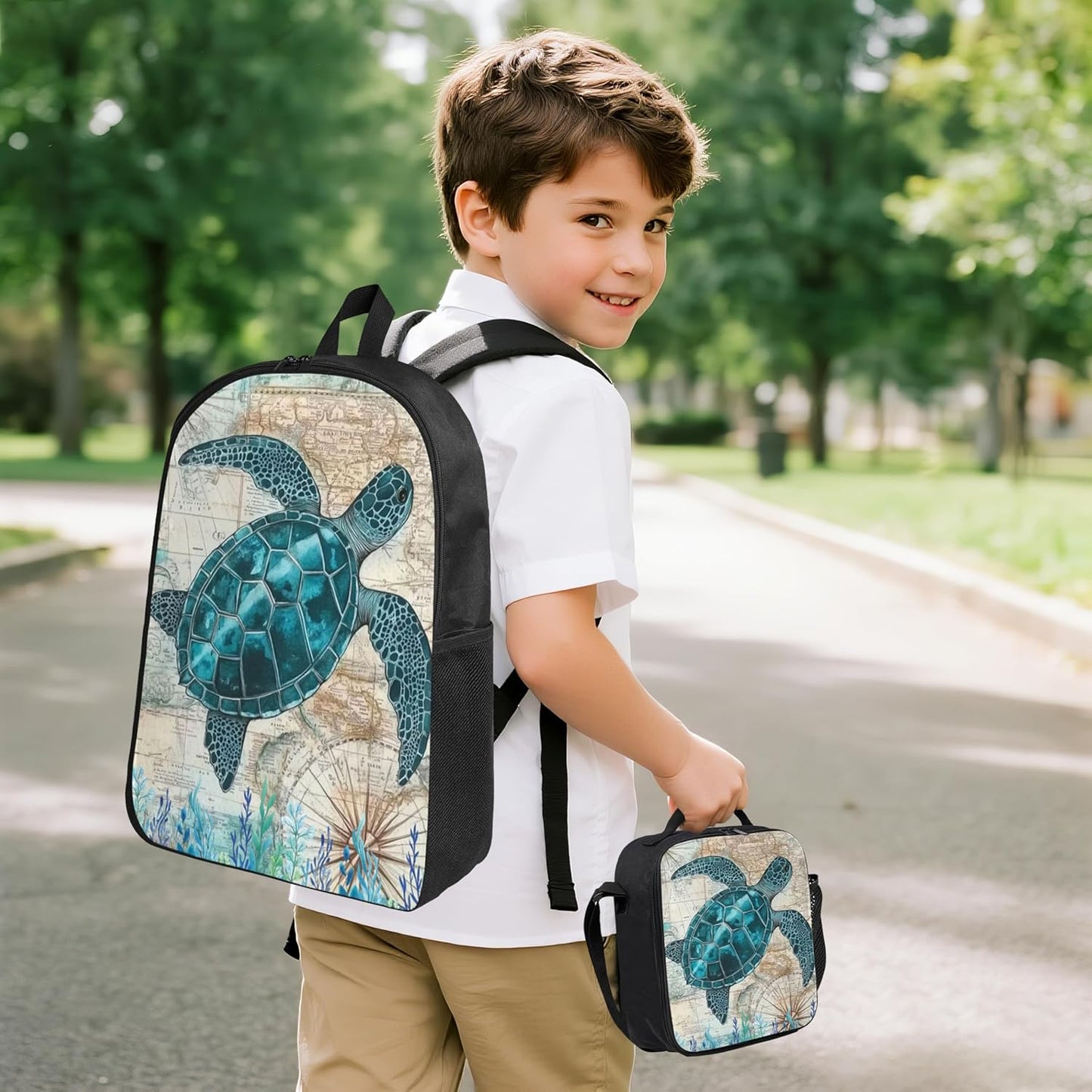 Sea Turtles Ocean Kid Backpack Set with Lunch Bag & Pencil Case Large Capacity School Bag 17 Inch Bookbag for Boy Girl