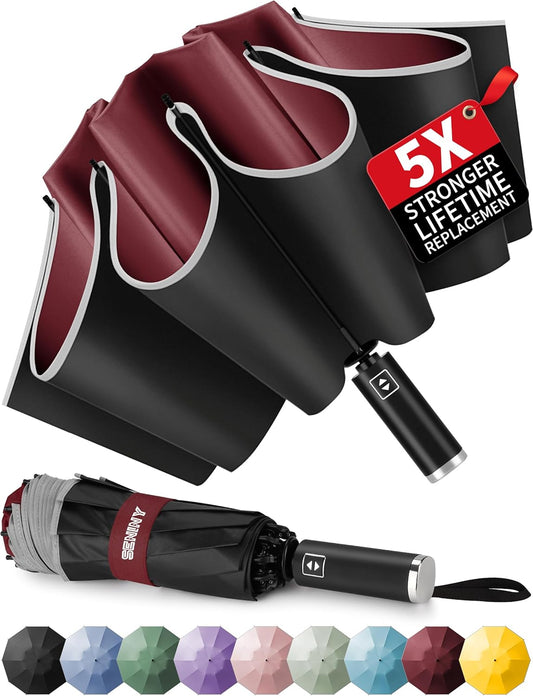 Seniny Inverted Travel Umbrella, Automatic Umbrellas for Rain, Windproof Compact Umbrella with Reflective Stripe, Folding UV Umbrella Sun Umbrella, Portable Large Umbrella for Backpack, Lightweight