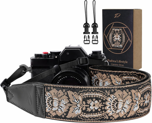 Padwa Lifestyle Camera Strap - 2" Full Grain Leather Ends Camera Straps for Photographers, Vintage Embroidered Cotton Weave Soft Suede Fabric Padded Strap Quick Release fits All Cameras