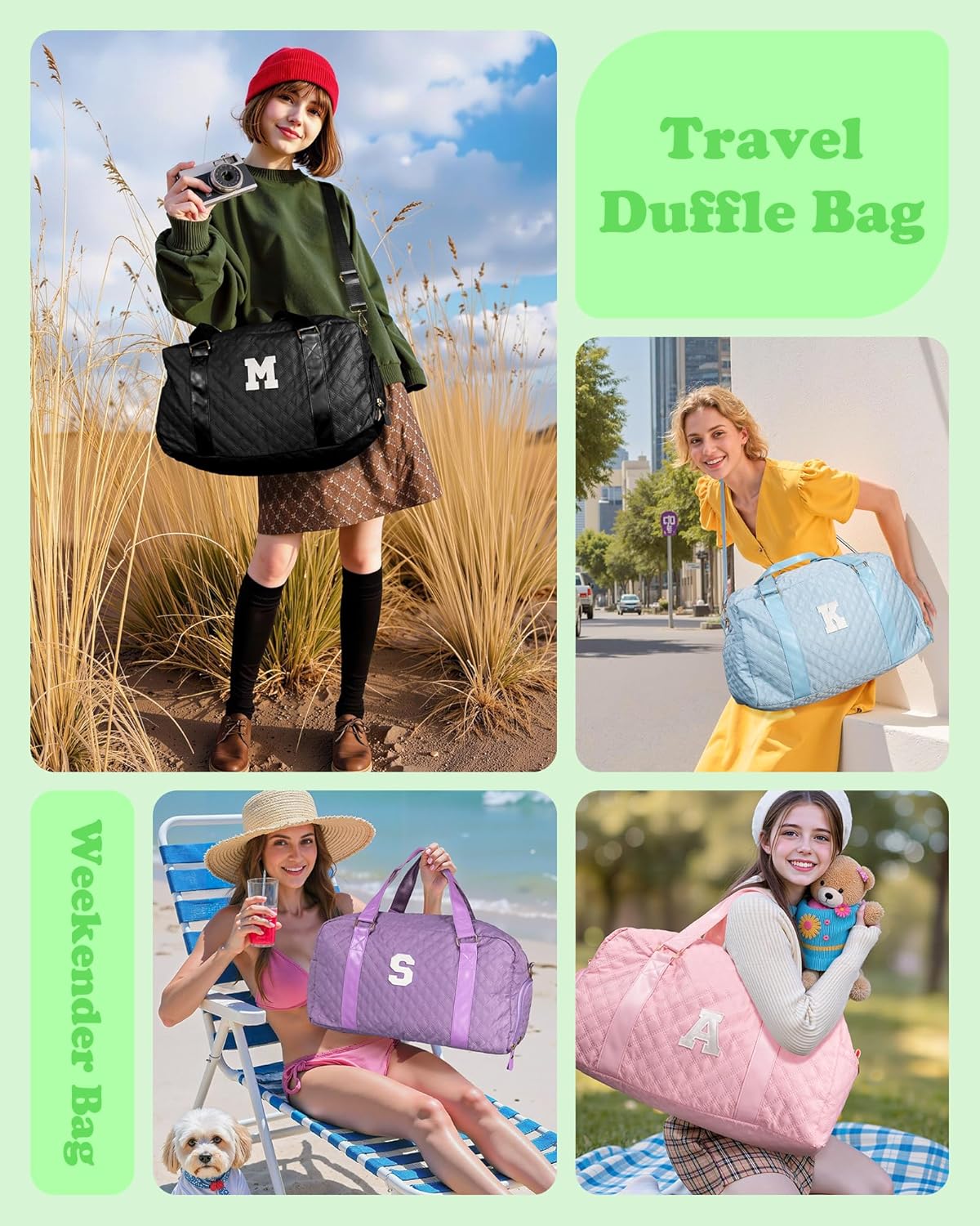 Initial Duffle Bag for Travel Women Girls Gift: Personalized Weekender bags, Dance Cheer bag Sports for Girl, Kid Gymnastics Bags, Birthday Gifts for Women Girls Kids Teens Mom Teacher