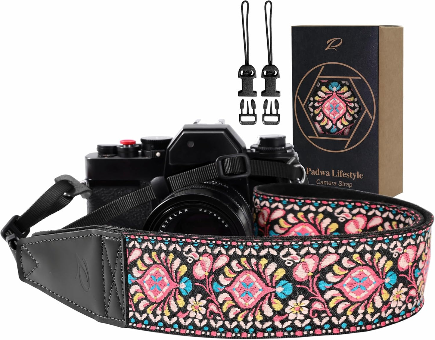 Padwa Lifestyle Pink Flower Camera Strap - 2" Full Grain Leather Ends Camera Straps for Photographers, Vintage Embroidered Cotton Weave Soft Suede Fabric Padded Strap Quick Release fits All Cameras