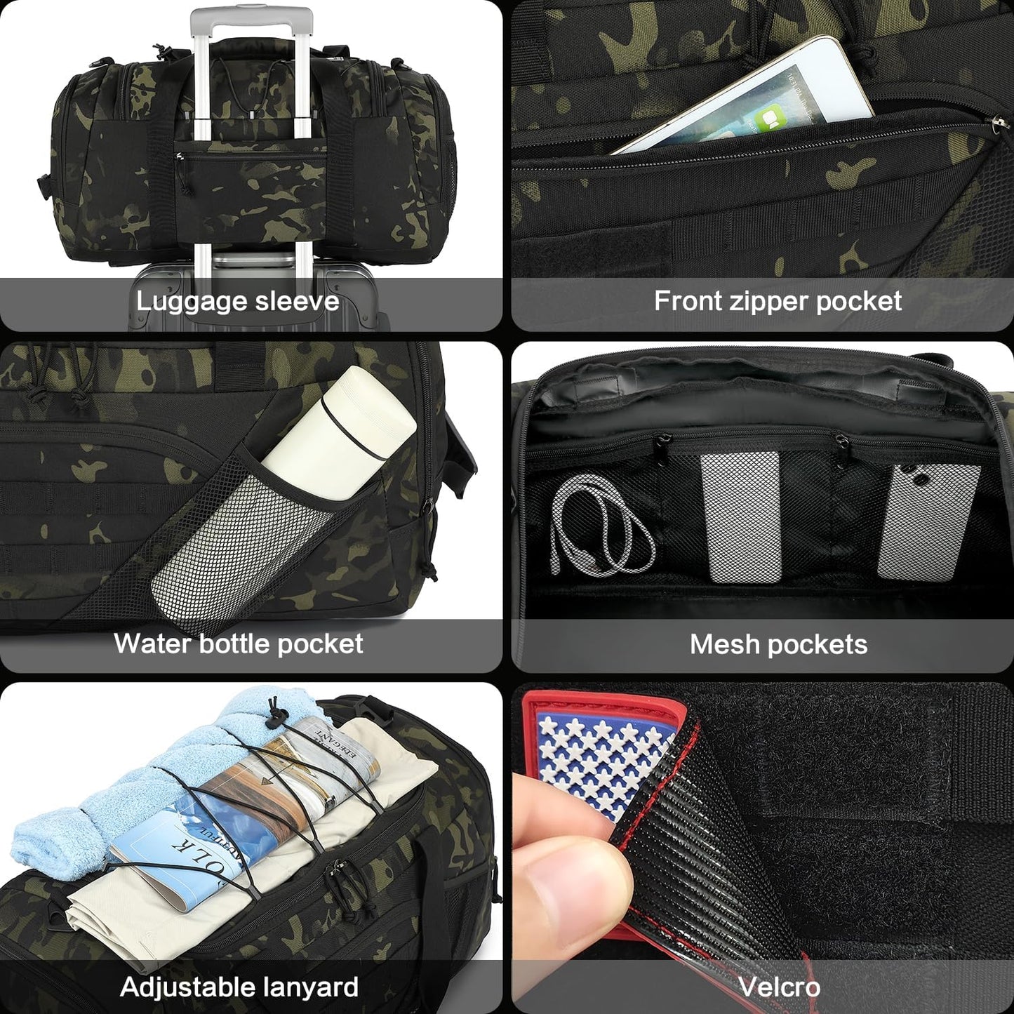 3-in-1 Tactical Gym & Travel Duffle Bag Backpack Men Multi-Functional 45L Military Sports Duffle Bag with Shoe Compartment & Wet Pocket for Workout Weekender Overnight Bag with Molle Webbing, Camo
