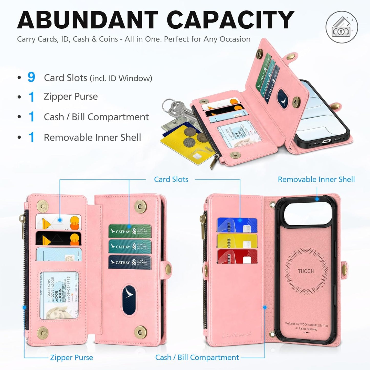 TUCCH Detachable Crossbody Wallet Case for iPhone Air 6.5", 9 Card Slots RFID Blocking | Stand | Lanyard Wrist Strap | Wireless Charging | Zipper Pocket | PU Leather Magnetic Flip Cover | Rose Gold