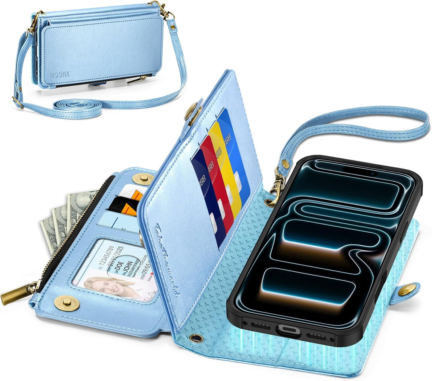 TUCCH Crossbody Detachable Wallet Case for iPhone 17 Pro Max, 10 Card Slots RFID Blocking | Wireless Charging | Wrist Strap Lanyard | Stand | Zipper Pocket | PU Leather Phone Cover | Pearly Light Blue