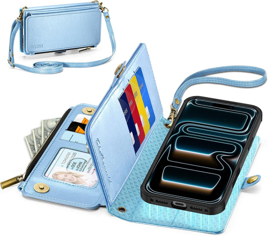 TUCCH Crossbody Detachable Wallet Case for iPhone 17 Pro Max, 10 Card Slots RFID Blocking | Wireless Charging | Wrist Strap Lanyard | Stand | Zipper Pocket | PU Leather Phone Cover | Pearly Light Blue