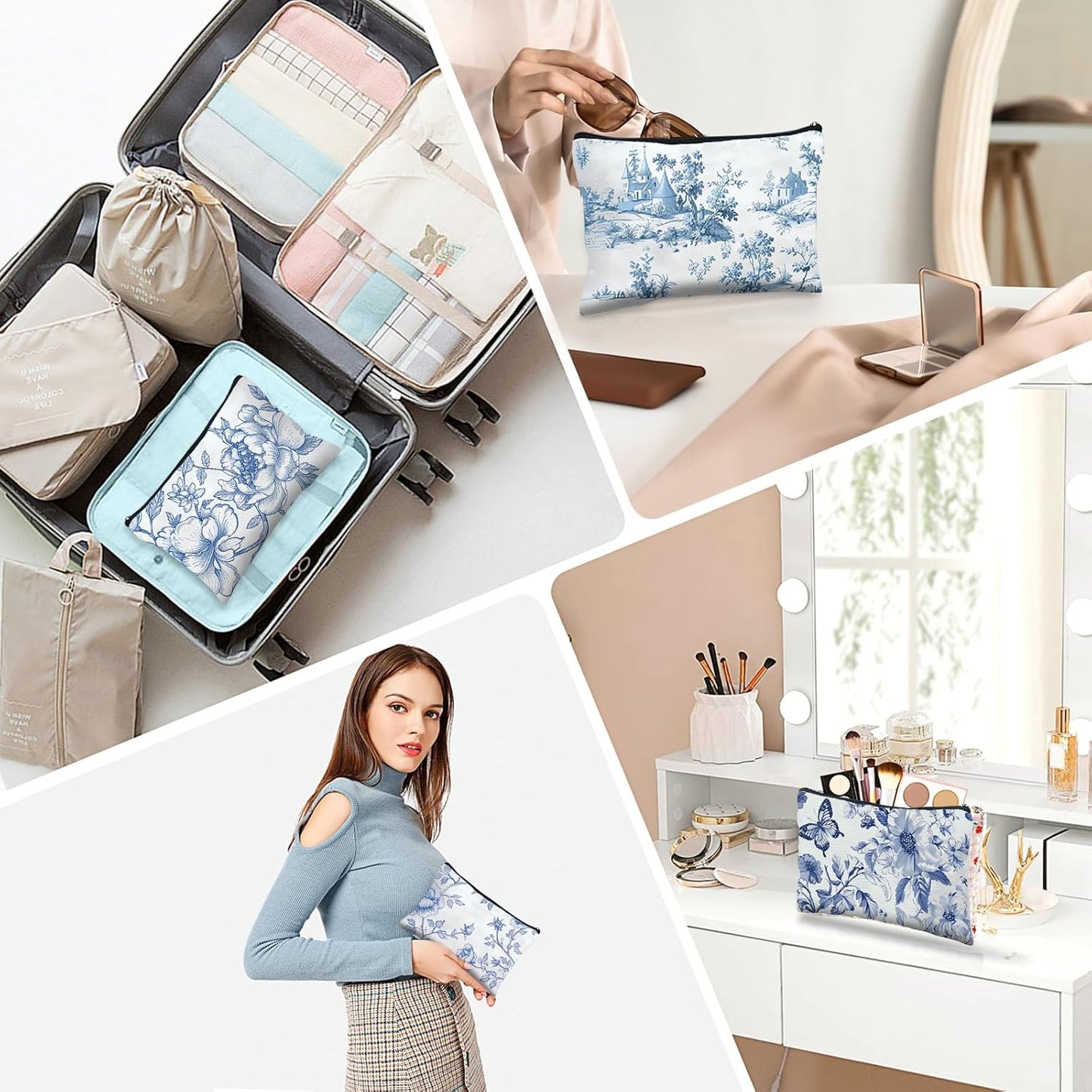 24 Pcs Floral Cosmetic Bags Bulk for Women Blue and White Floral Makeup Bags Chinoiserie Canvas Travel Zipper Pouches Aesthetic Toiletry Bag for Girls Women Bridesmaids Wedding Supplies
