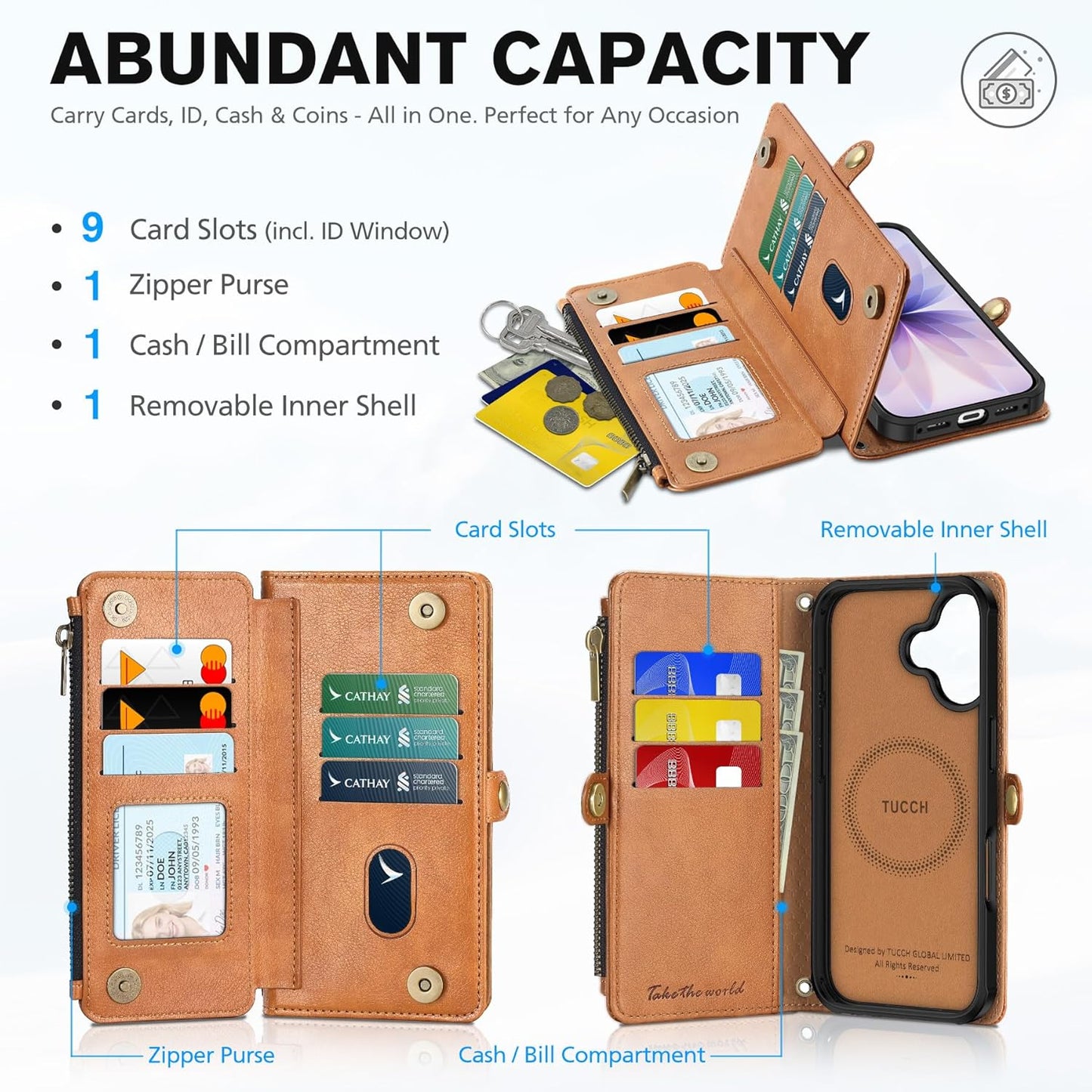 TUCCH Removable Crossbody Case Wallet for iPhone 17 (6.3-inch) 2025, Wireless Charging, RFID Blocking 9 Card Slots, Lanyard, Wrist Strap, Zipper Pocket, PU Leather, Stand Magnetic Cover, Light Brown
