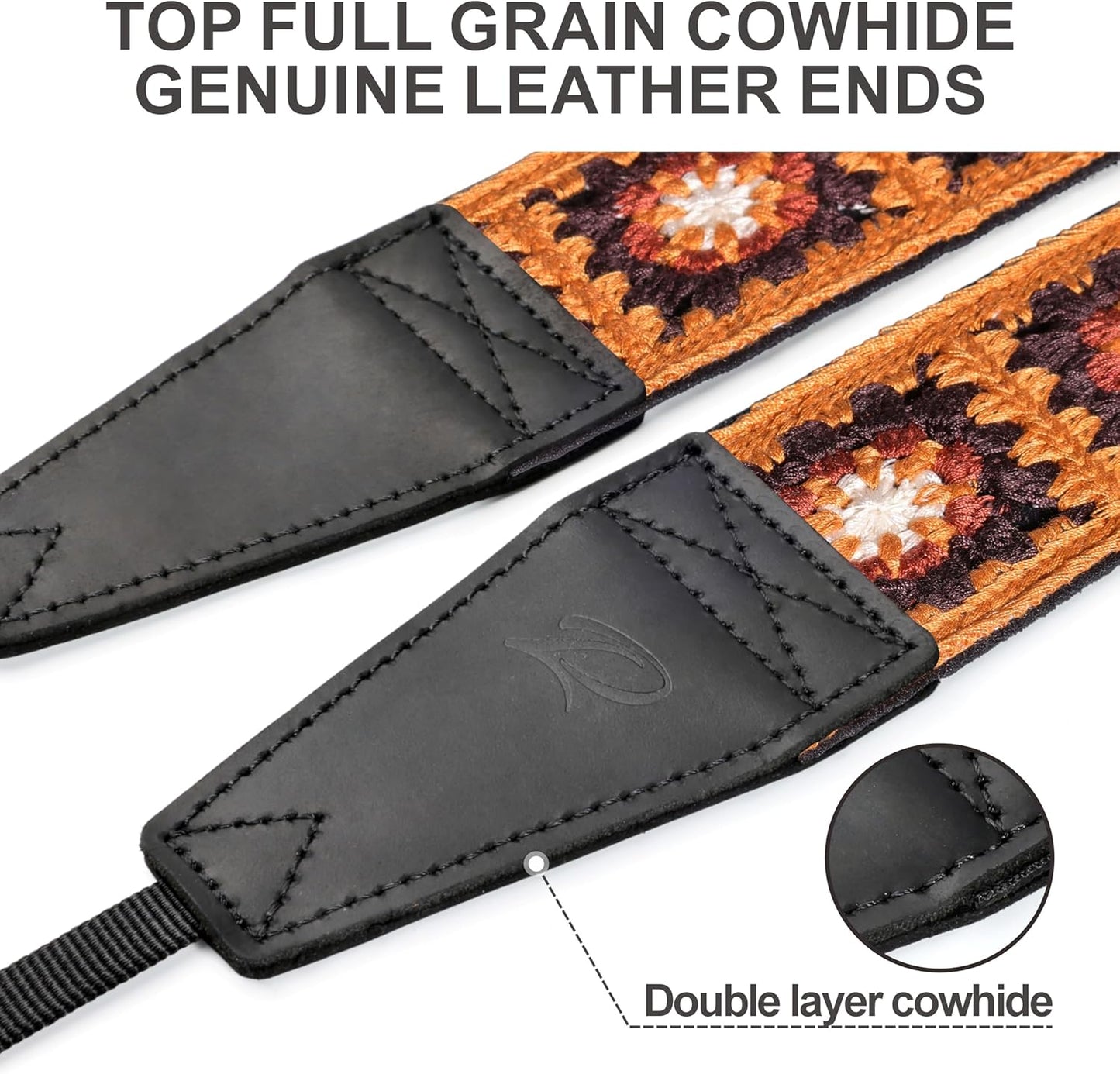 Padwa Lifestyle Yellow Crochet Camera Strap - 2" Full Grain Leather Ends Camera Straps for Photographers, Vintage Embroidered Cotton Soft Suede Fabric Padded Strap with Quick Release fits All Cameras