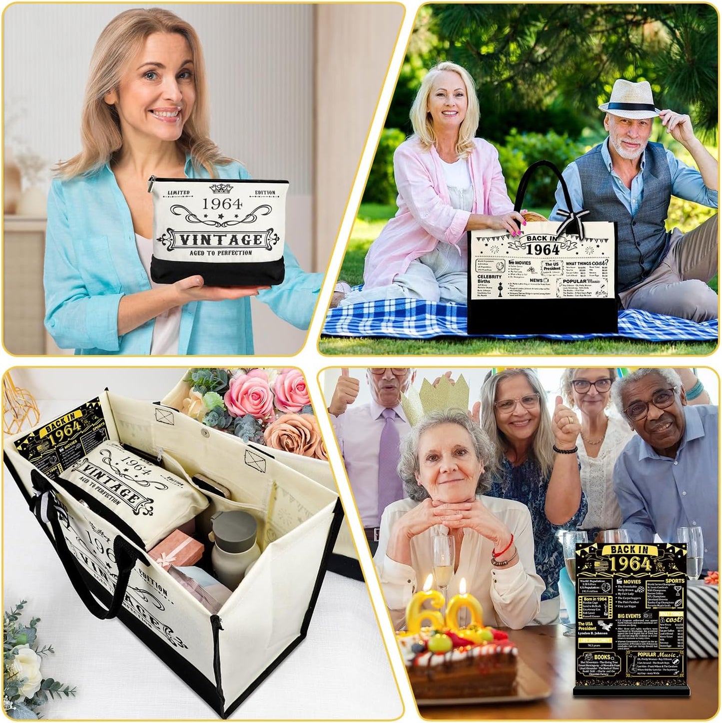 YeohJoy 61st Birthday Gifts for Her Canvas Tote Bag Travel Gear, Unique 61 Years Old Birthday Gifts for Girlfriend Sister Friends Women, Vintage 1964 Handbag & Cosmetic Bag & Back in 1964 Poster