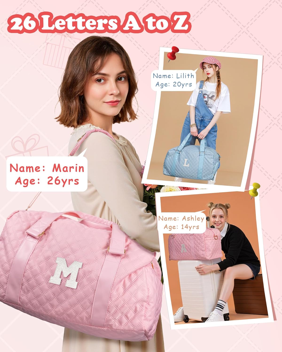 Duffel Bag, Girls Gift Bag Teens, Initial Travel Duffel Bag, Personalized Weekender Bag, Monogram Overnight Bag Gift for Grandmother,Tween Girls Gifts Daughter Gifts Niece Gifts, Mothers Gifts