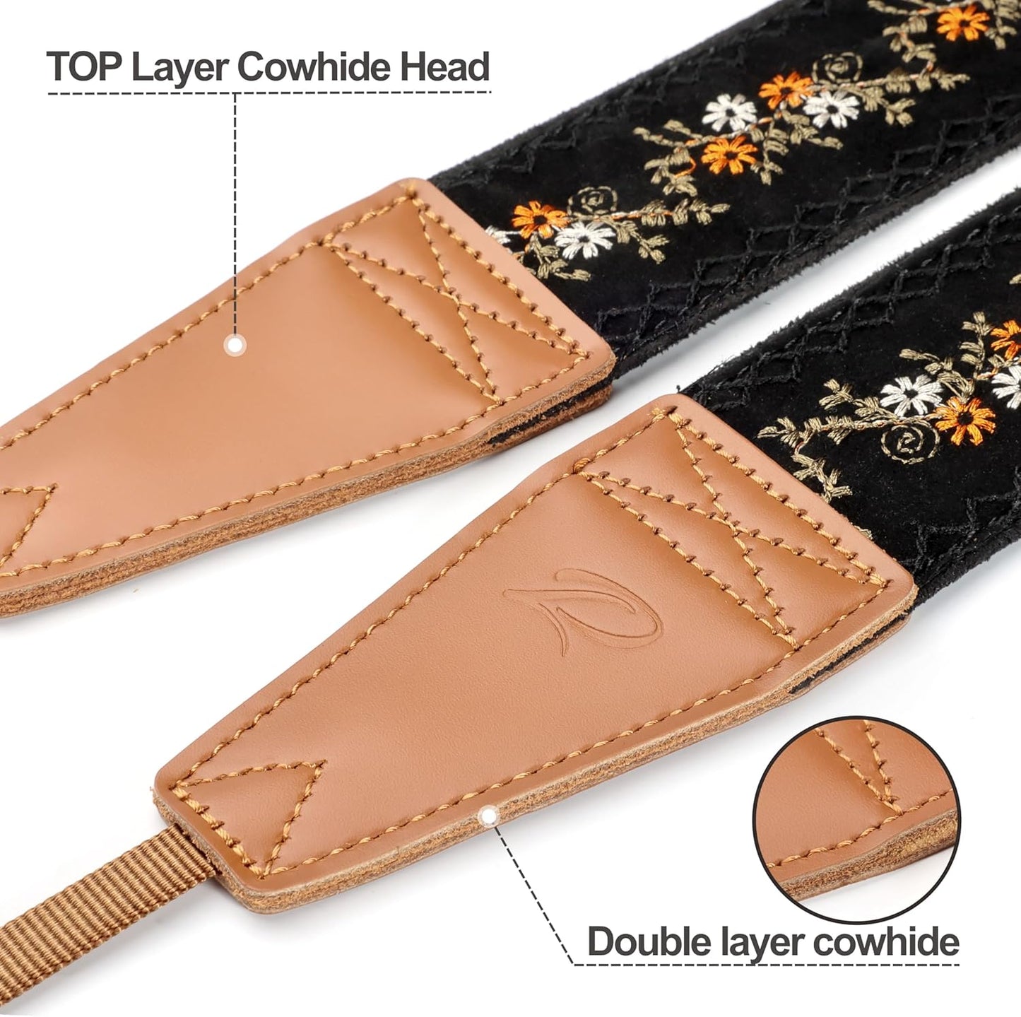 Padwa Lifestyle Camera Strap - 2" Full Grain Leather Ends Camera Straps for Photographers, Vintage Embroidered Cotton Weave Soft Suede Fabric Padded Strap Quick Release fits All Cameras