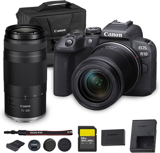Canon EOS R10 Mirrorless Camera Kit | 24.2MP APS-C Sensor with RF-S 18-150mm Lens | 4K Video Dual Pixel AF Compact Travel Photography (5331C016) + Canon RF 75-300mm Lens + 64GB Card + Bag