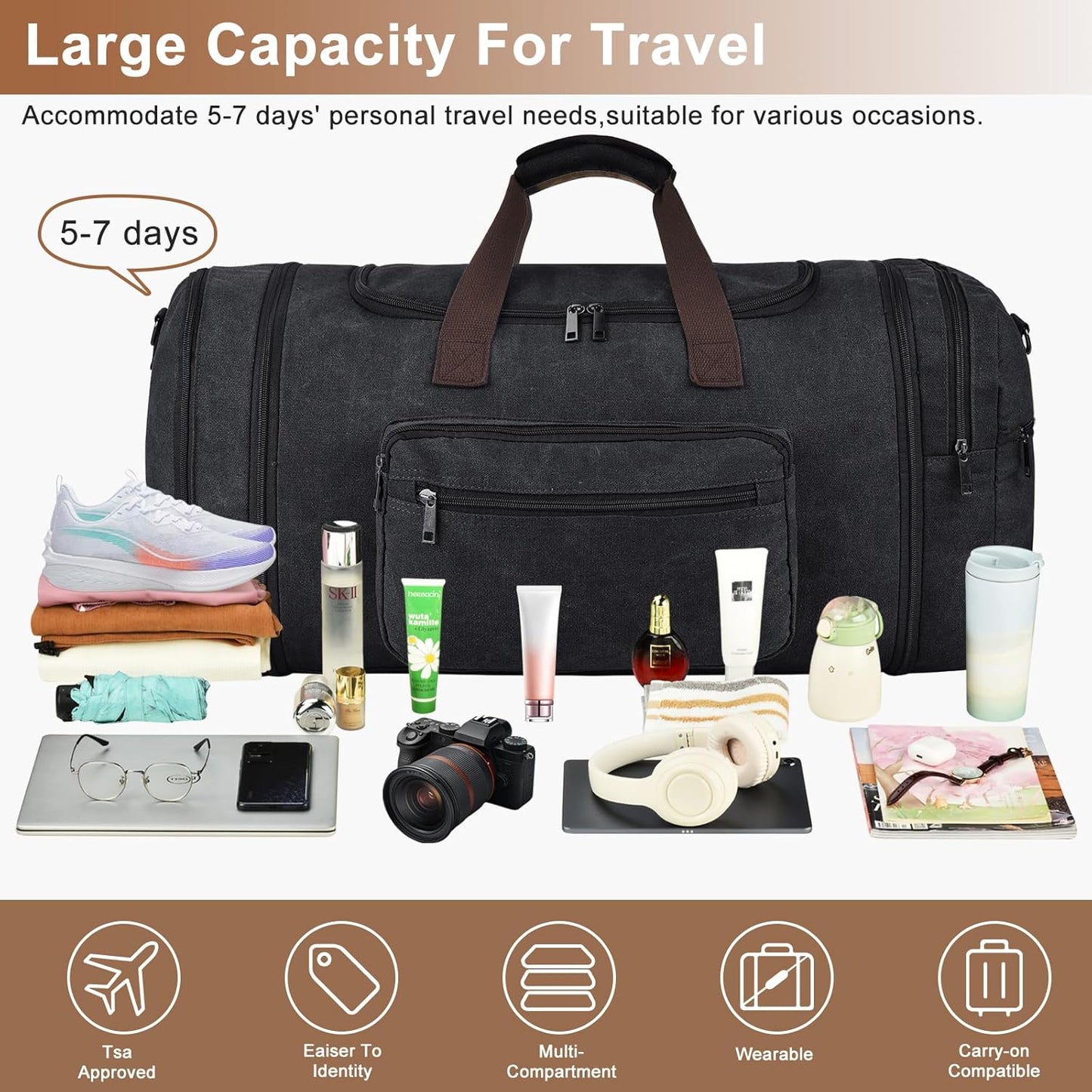 Felipe Varela 60L Duffle Bag for Men, Large Canvas Expandable Duffle Bag for Travel, Mens Carry on Luggage Weekender Gym Overnight Duffel Bags for Traveling, Black