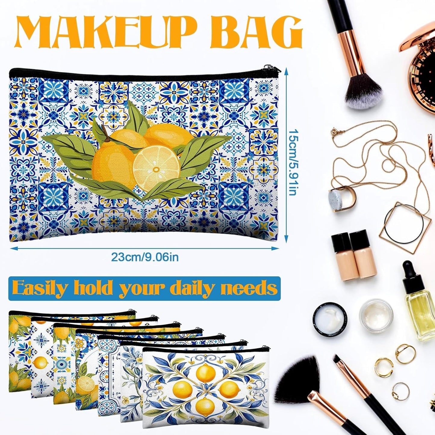 16 Pcs Lemon Cosmetic Bags Bulk for Women Lemon Canvas Makeup Bags Blue Tiles Zipper Pouches Italian Summer Fruit Travel Toiletry Bag Souvenir Gift for Bridesmaids Bachelorette Wedding Supplies