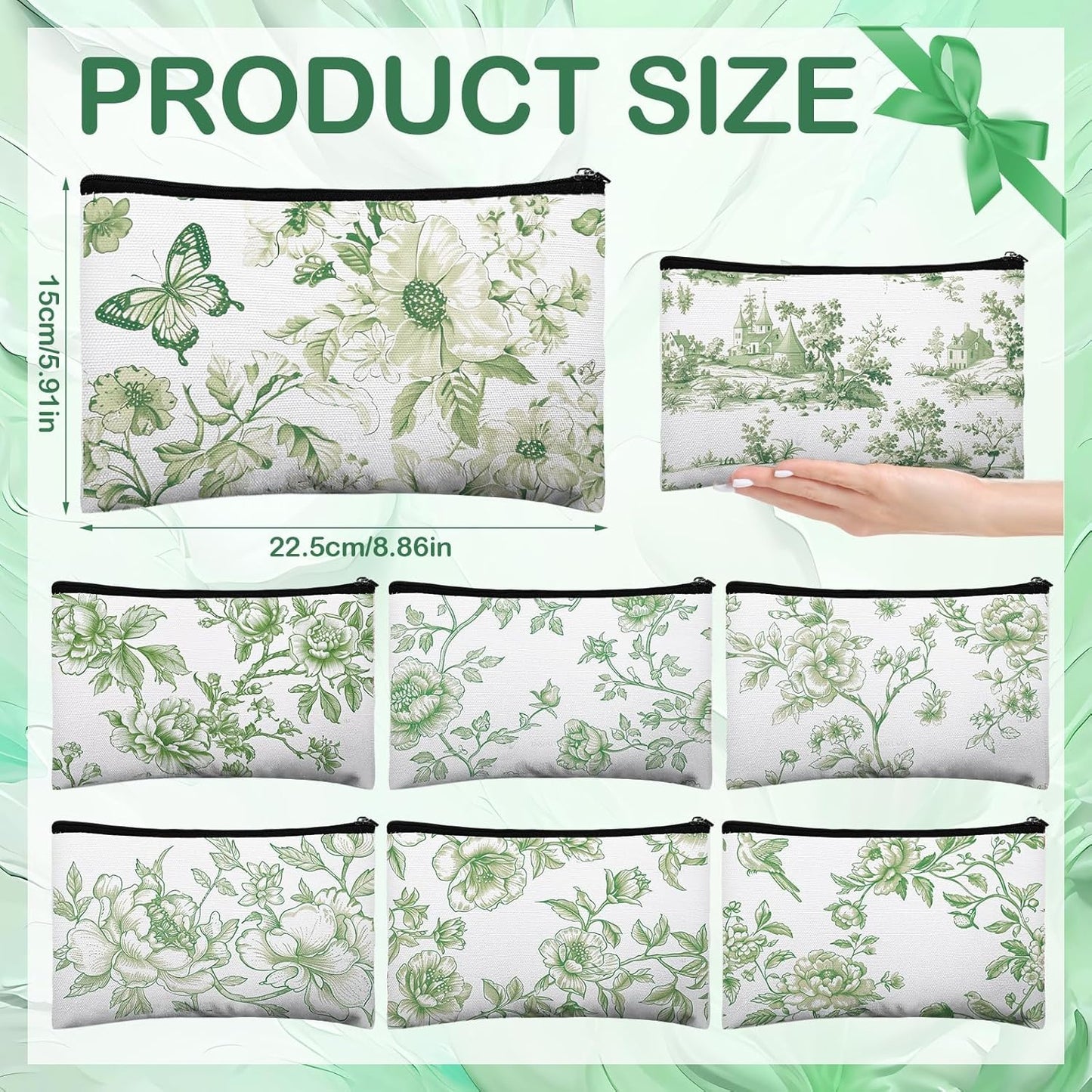 16 Pcs Floral Cosmetic Bags Bulk for Women Sage Green and White Floral Makeup Bags Chinoiserie Canvas Travel Zipper Pouches Aesthetic Toiletry Bag for Girls Bridesmaids Wedding Supplies