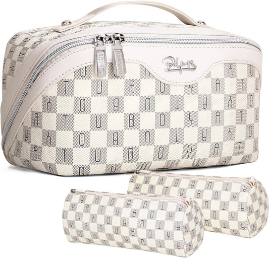 BOYATU Travel Makeup Bag Cosmetic Bags for Women: 3 Pcs Set Portable Make up Bag with Handle - Vegan Leather Toiletry Bags with Compartments - Makeup Organizer for Travel Essentials(C-4-Beige)