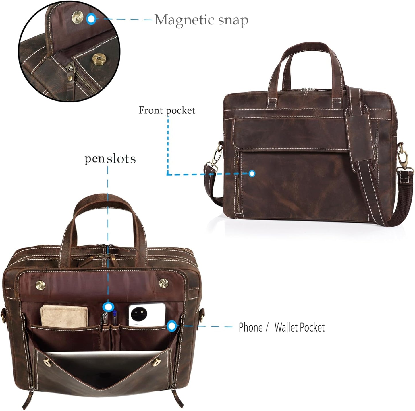 Full Grain italian Leather Briefcase for Men Top Choice Gifts Handcrafted Laptop Bag with Multiple Compartments