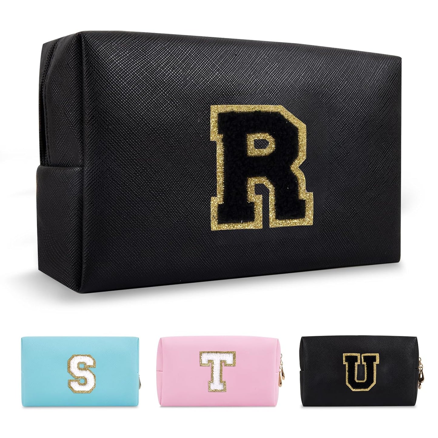 Personalized Initial A-Z Preppy Patch Makeup Bag,Small PU Chenille Letter Cosmetic Bag with Zipper for Teen Girls,Black Cute Toiletry Organizer Bag,Monogram Makeup Case Gift for Women Girls,Letter R