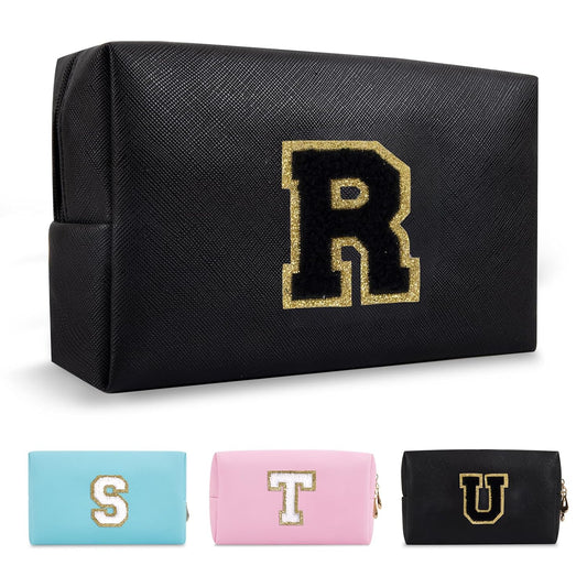 Personalized Initial A-Z Preppy Patch Makeup Bag,Small PU Chenille Letter Cosmetic Bag with Zipper for Teen Girls,Black Cute Toiletry Organizer Bag,Monogram Makeup Case Gift for Women Girls,Letter R