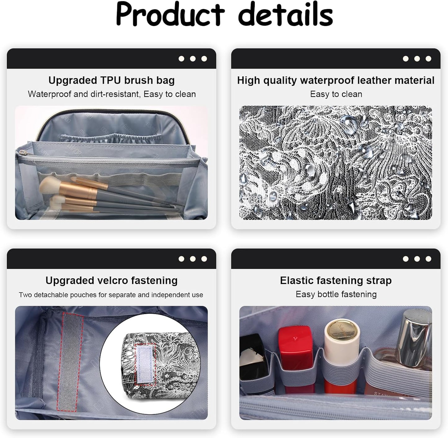 BOYATU Travel Makeup Bag for Women: Large Capacity Make up Bag with Compartments - Vegan Leather Cosmetic Bag set of 3 - Waterproof Toiletry Bag with Handle & Divider(E-2-Black)